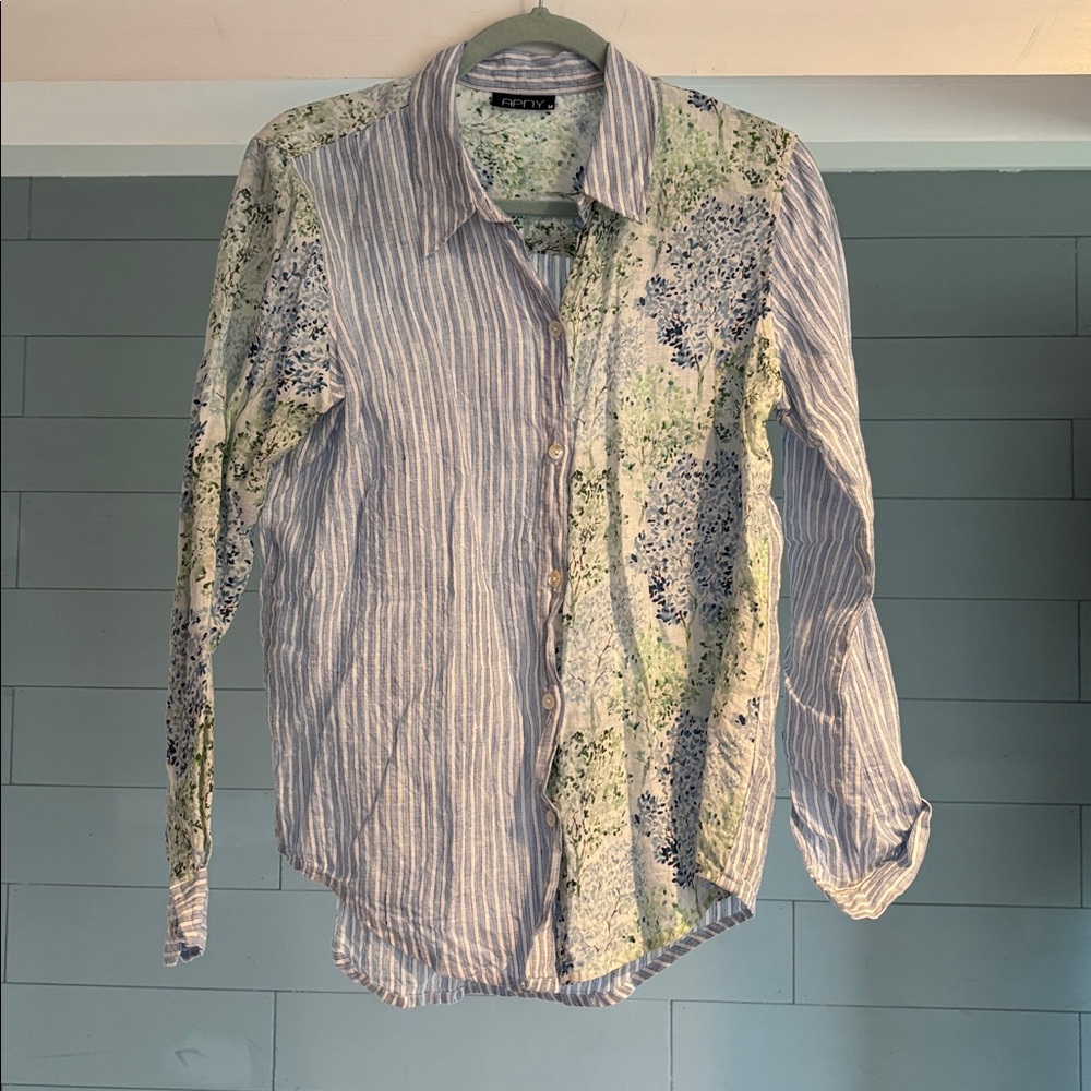 APNY Linen Floral and Striped Button-Up Shirt